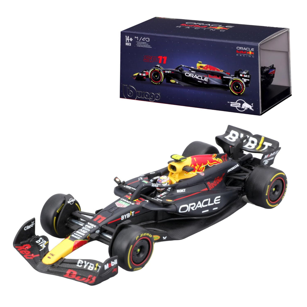 Bburago Oracle Red Bull RB20 1:43 helmeted Perez figure for display and collection.