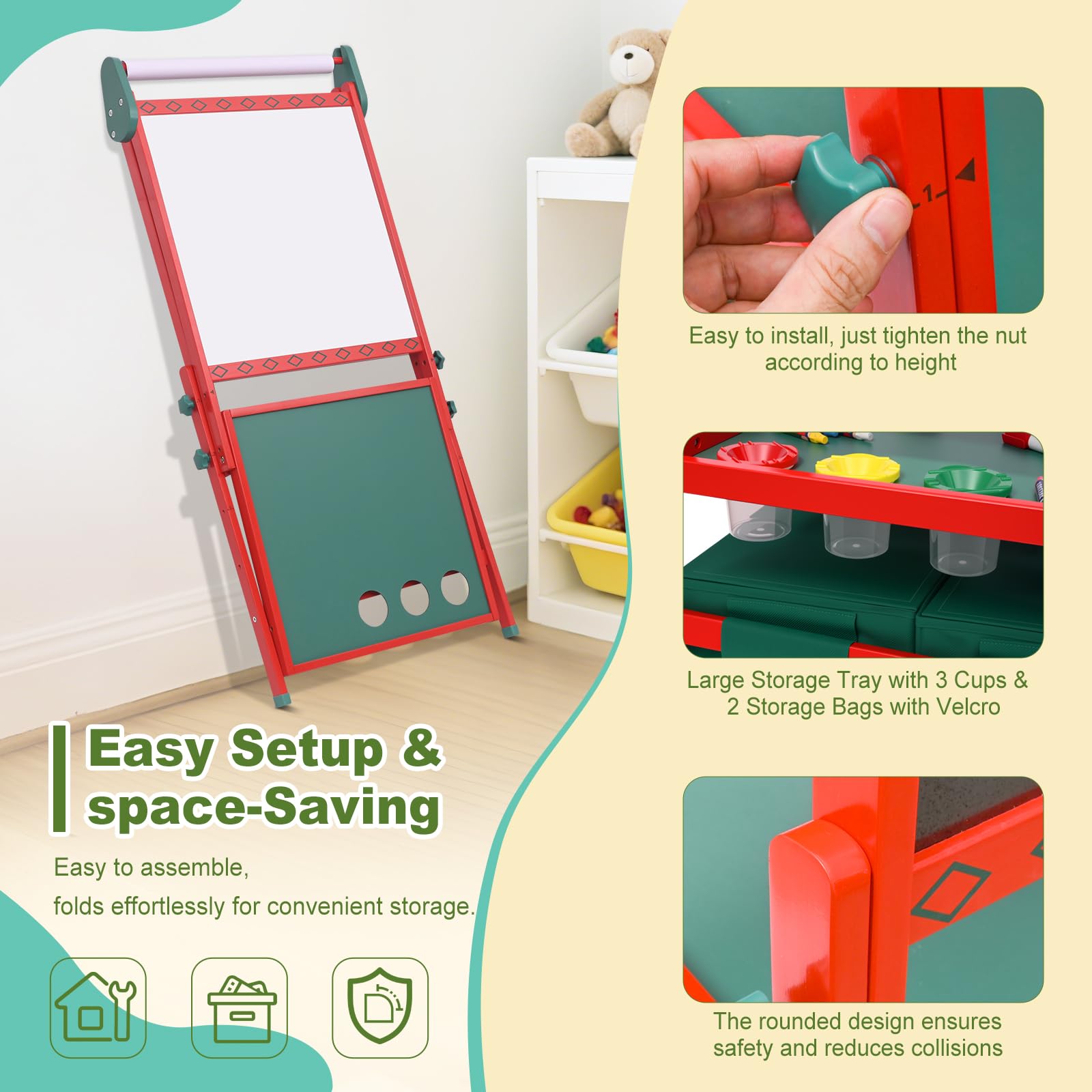 BBV Kids Easel wooden tray keeps paints and brushes within reach