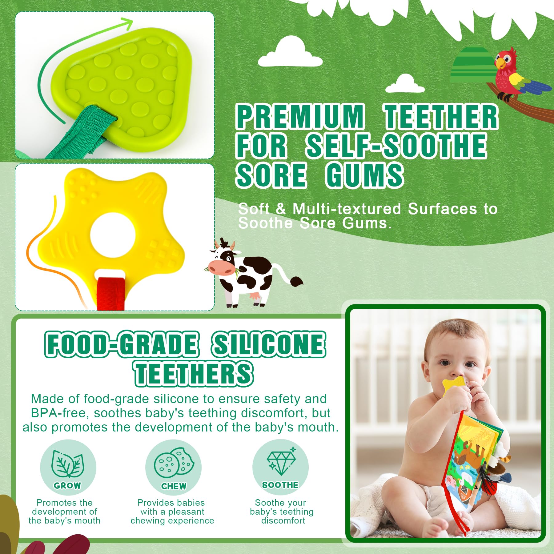 BBWOO BPA-free teether surface soothes gums during teething