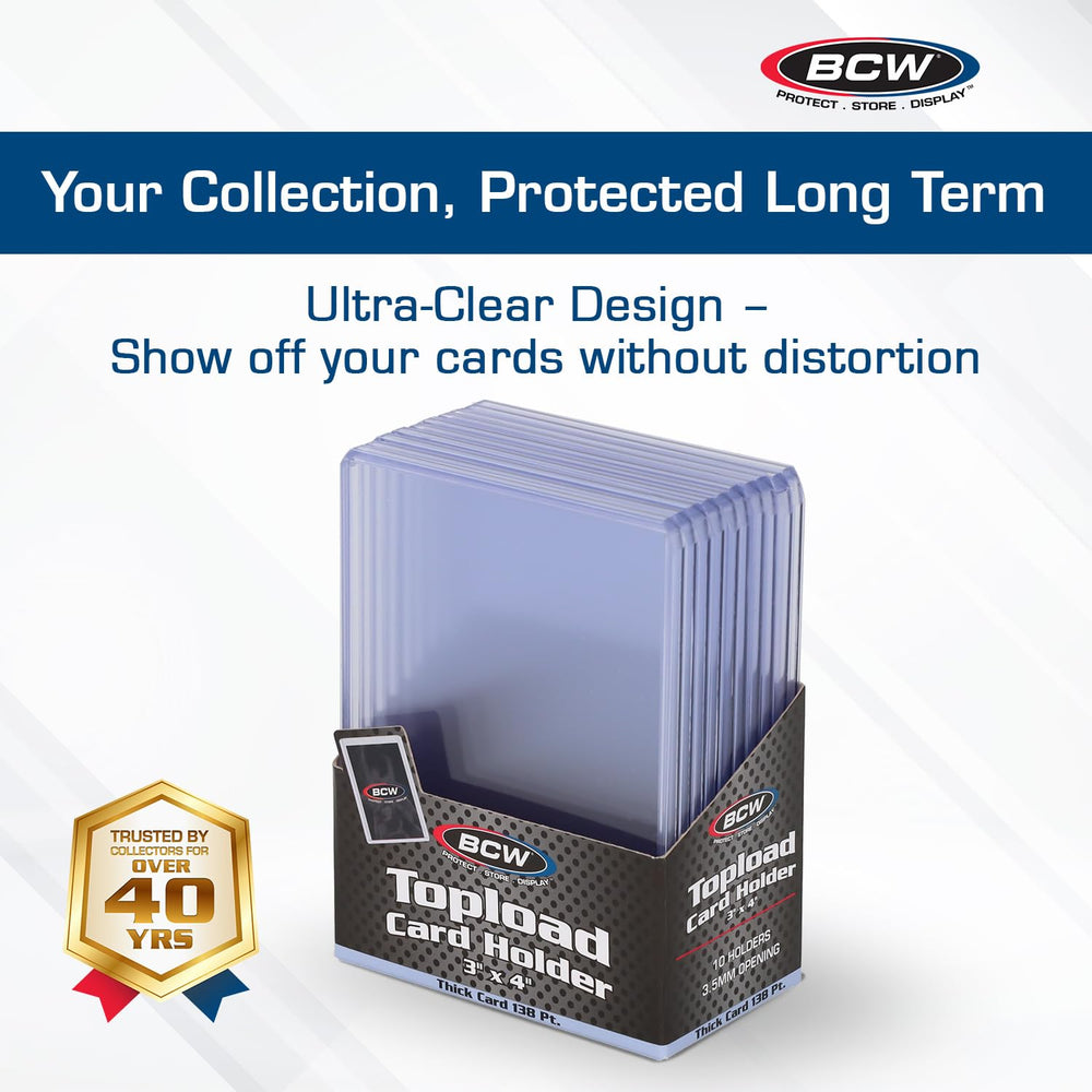 BCW 138pt thick topload holder pack 50 side view, easy access for quick insertion.