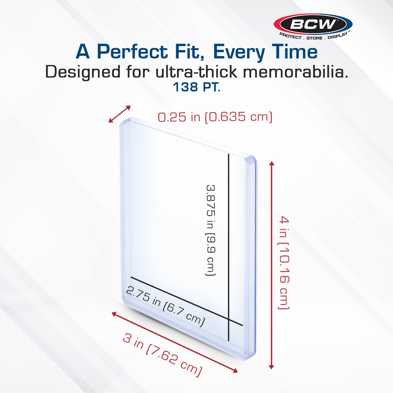 BCW 138pt topload outer dimensions show sturdy, compact display.