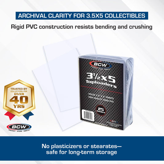 BCW 3.5x5 topload holder exterior dimensions highlight precise card fit.
