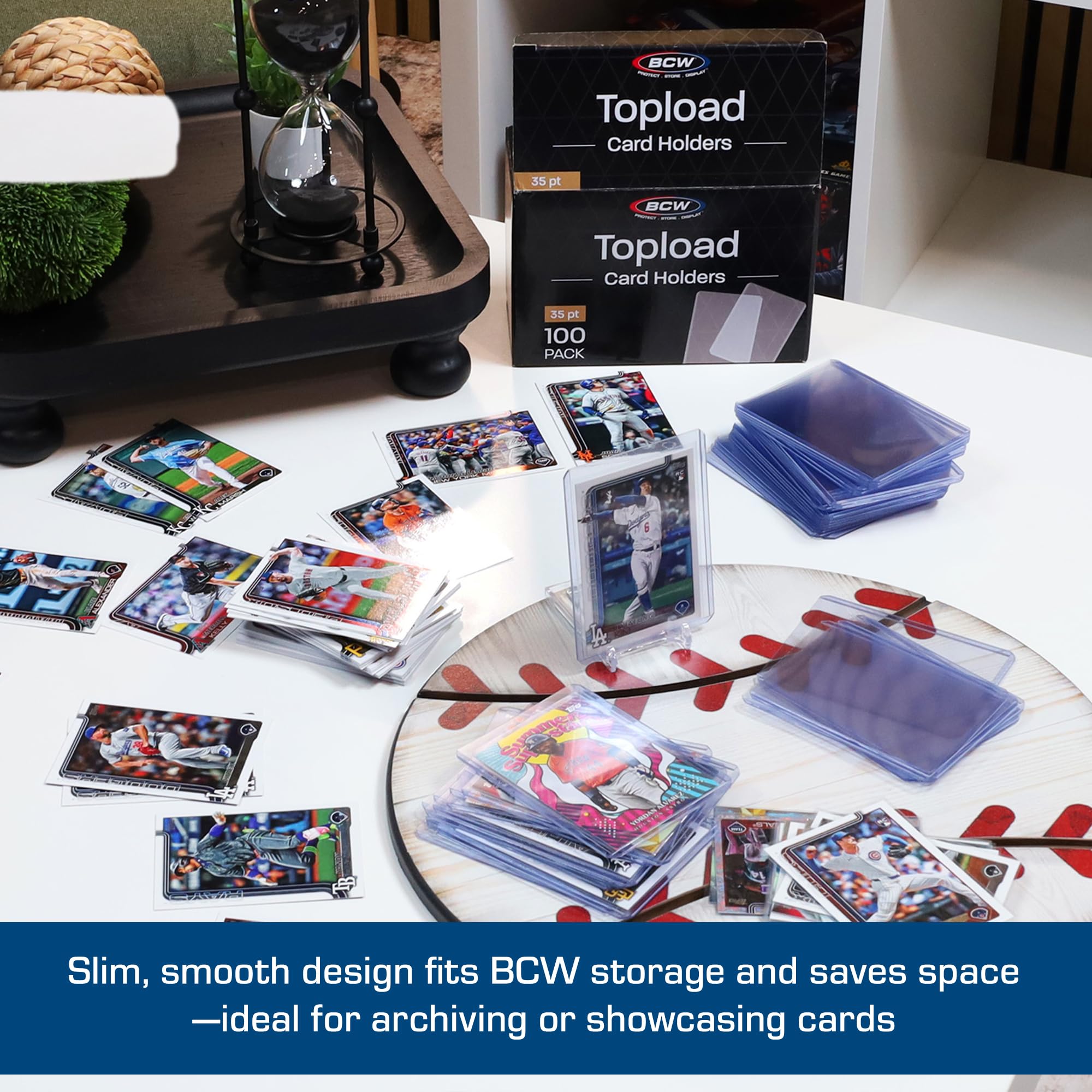 BCW 3x4 toploader supports cards up to 20pt thickness for standard formats.