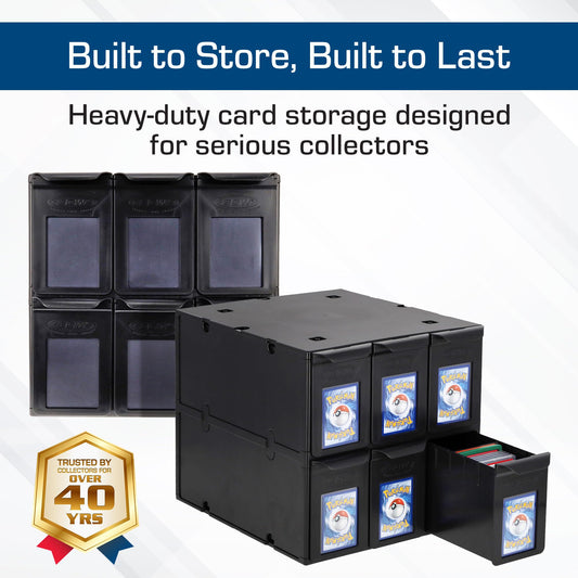 BCW card catalog drawers open show roomy compartments for sports and gaming cards.