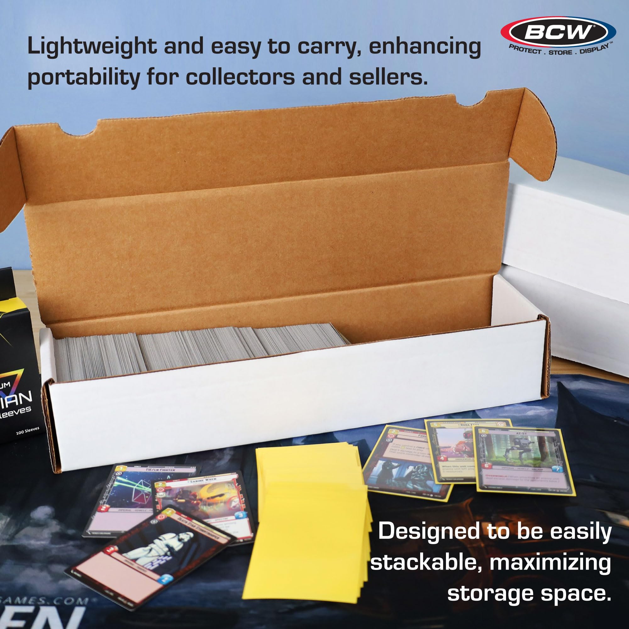 BCW 800ct storage box outside dimensions emphasize space-efficient packaging.