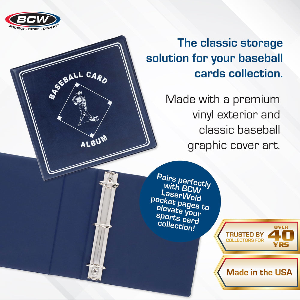 BCW Baseball 3\" Album blue D-ring enables smooth page turning and secure storage.