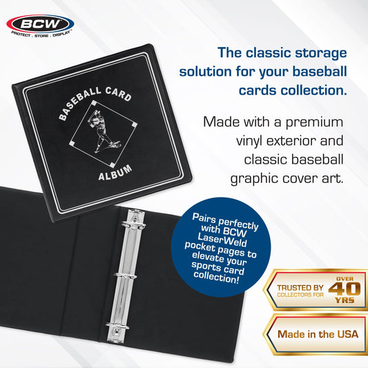 BCW baseball album features a heavy-duty D-ring for smooth page turning.