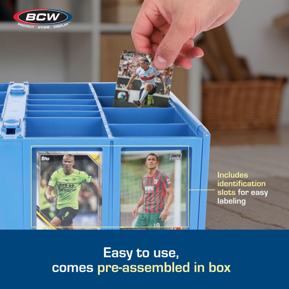 Exterior slots on the blue BCW bin for quick labeling.