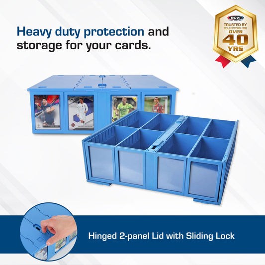 BCW blue bin with lids open showing easy access to contents.