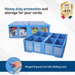 BCW blue bin with lids open showing easy access to contents.