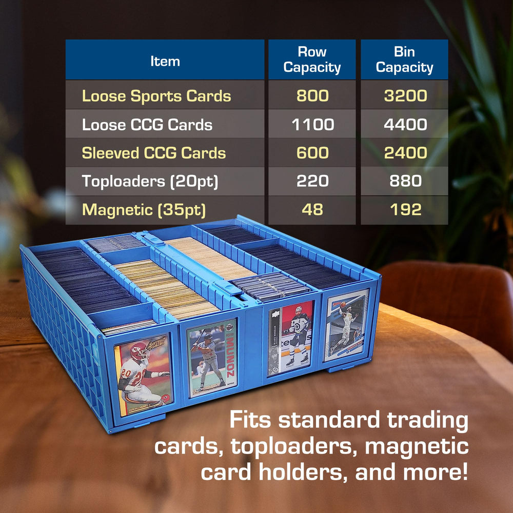 Interior rows with partitions inside the blue BCW bin for organization.
