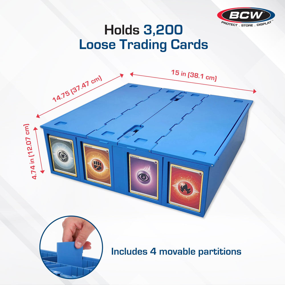 Stackable blue BCW bin illustrating space-saving design for large collections.