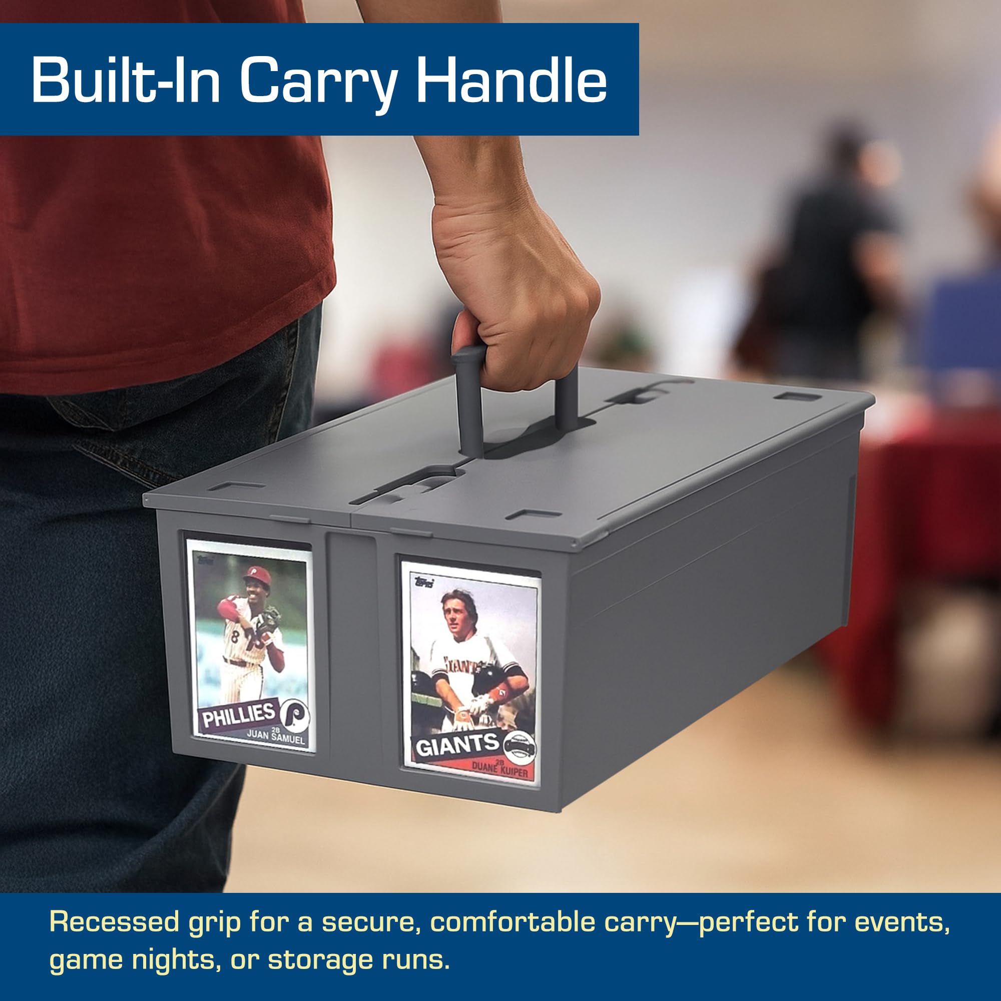 Hinged lid design of BCW bin protecting cards from dust