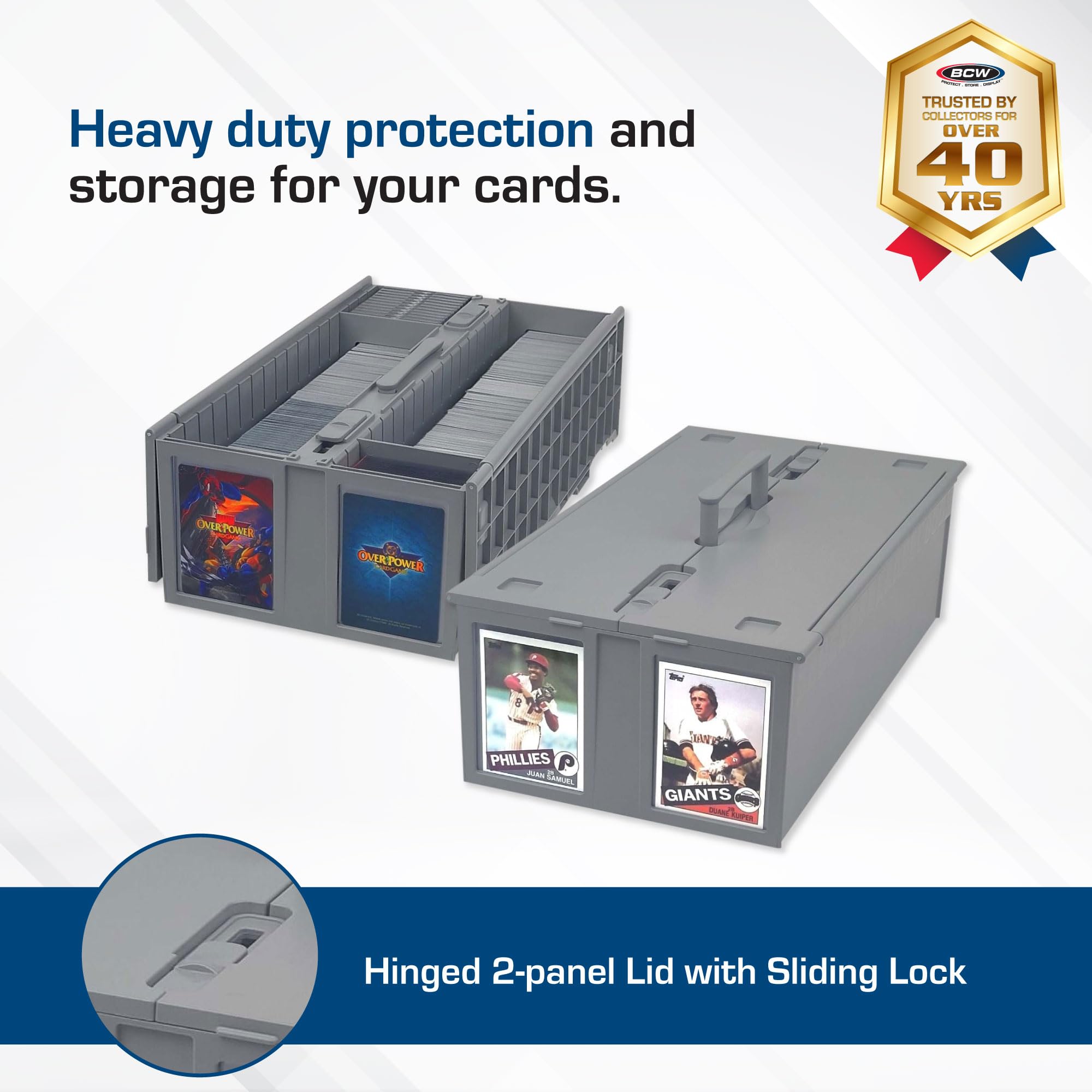 BCW gray card bin with lid open for easy card access up to 1600 cards
