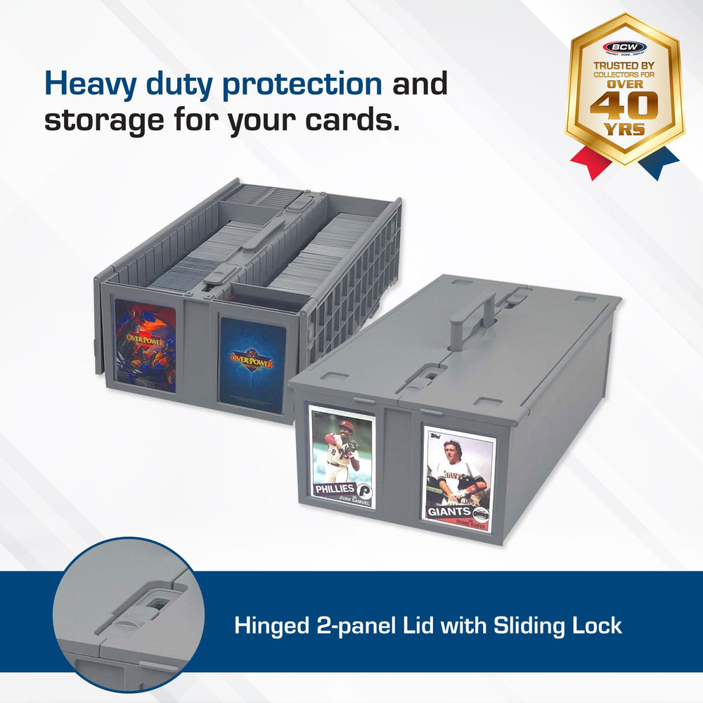 BCW gray card bin with lid open for easy card access up to 1600 cards