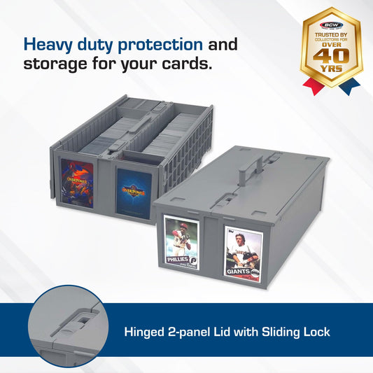 BCW gray card bin with lid open for easy card access up to 1600 cards