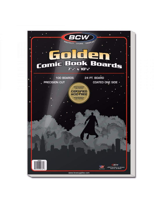 BCW Golden Age comic board 100-pack on display for archival storage.