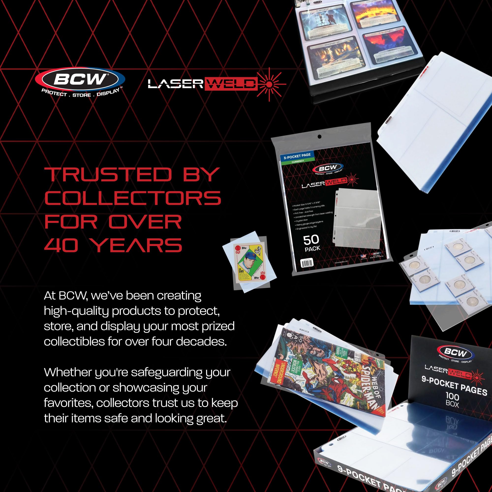 BCW LaserWeld 9-Pocket Pages compact solution for Pokemon, MTG, and baseball cards.