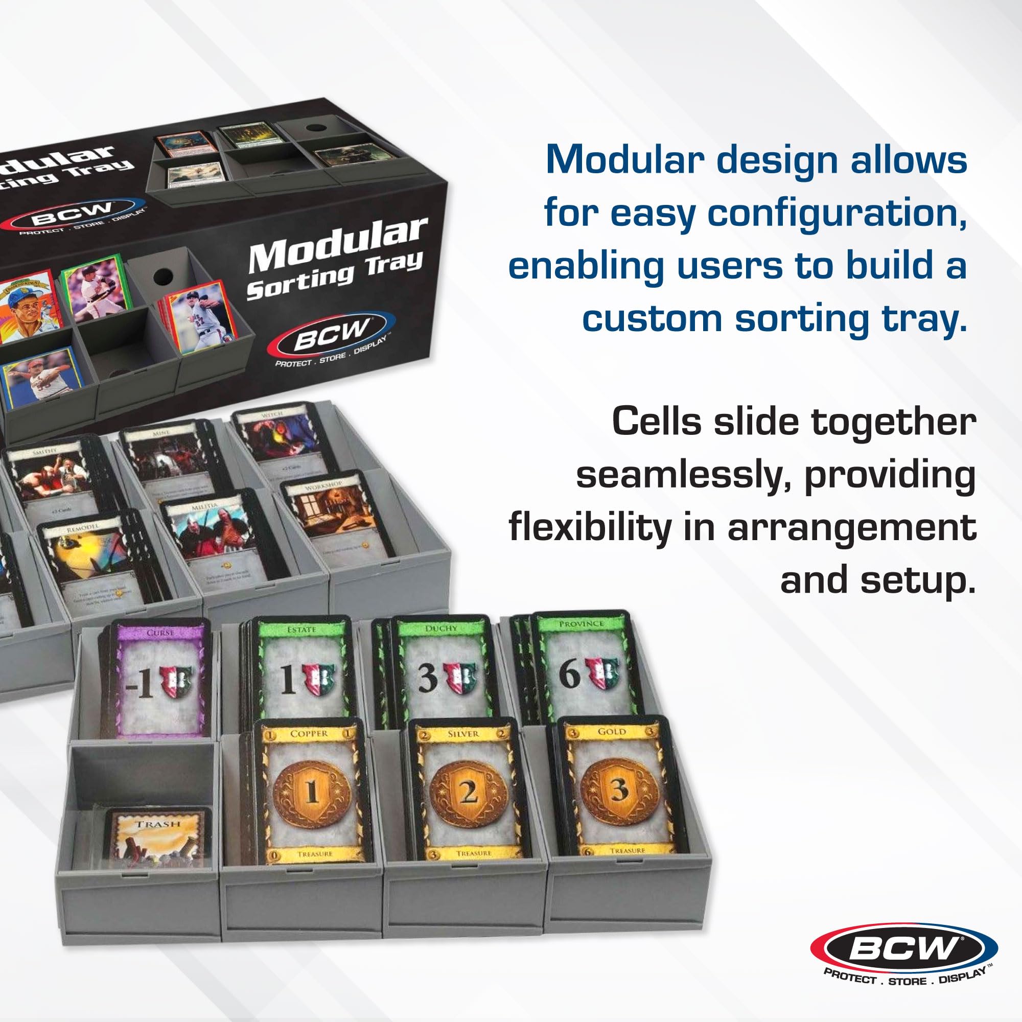 BCW modular sorting tray movable base close-up for flexible card orientation