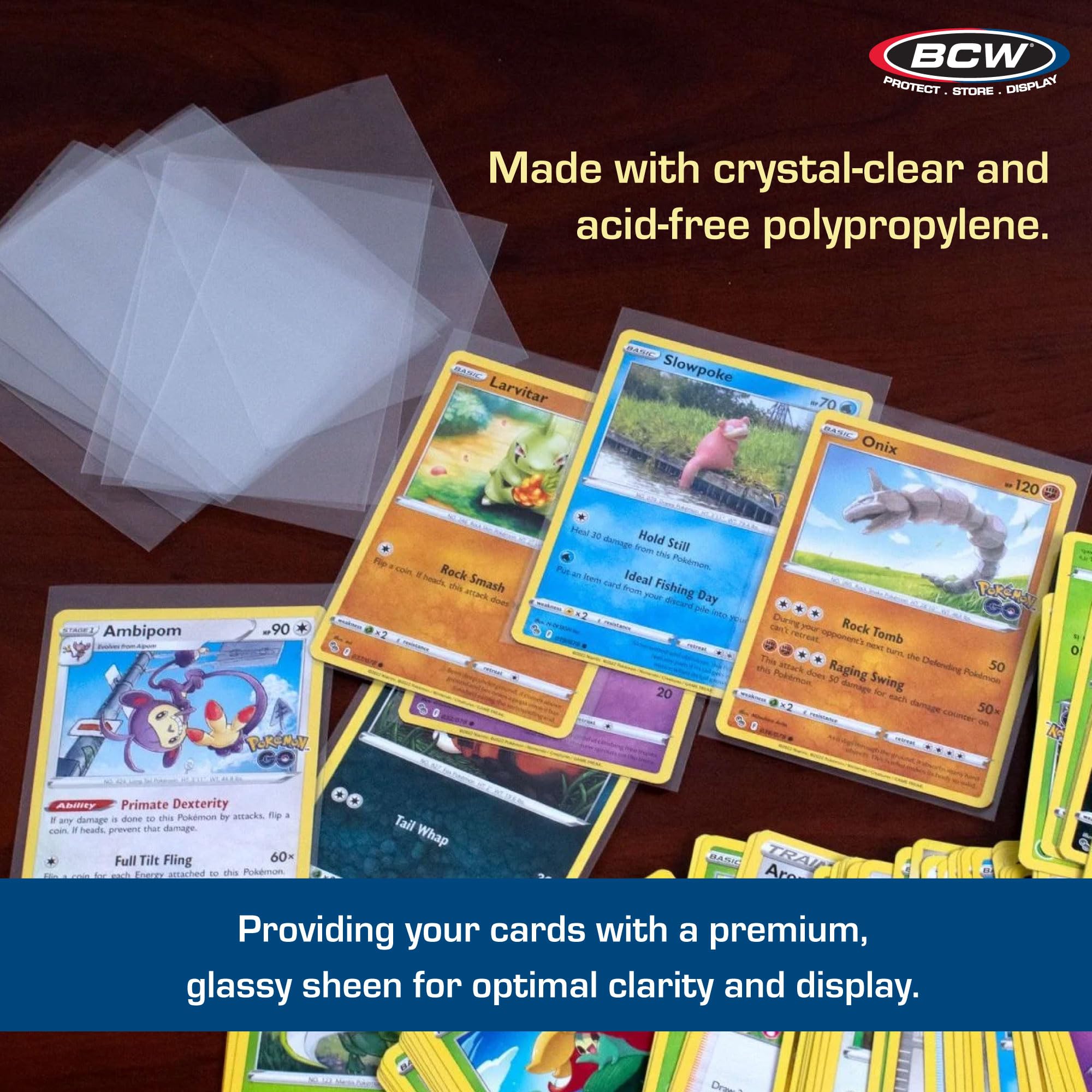 BCW Pokemon card protection sleeve safeguards art and durability.