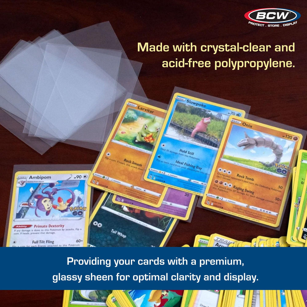 BCW Pokemon card protection sleeve safeguards art and durability.