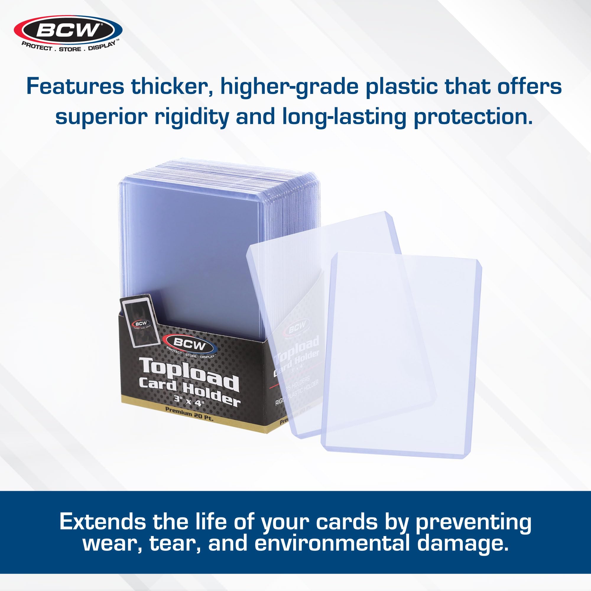 BCW Premium 20pt rigid PVC top-loaders provide durable, scratch-resistant card protection.