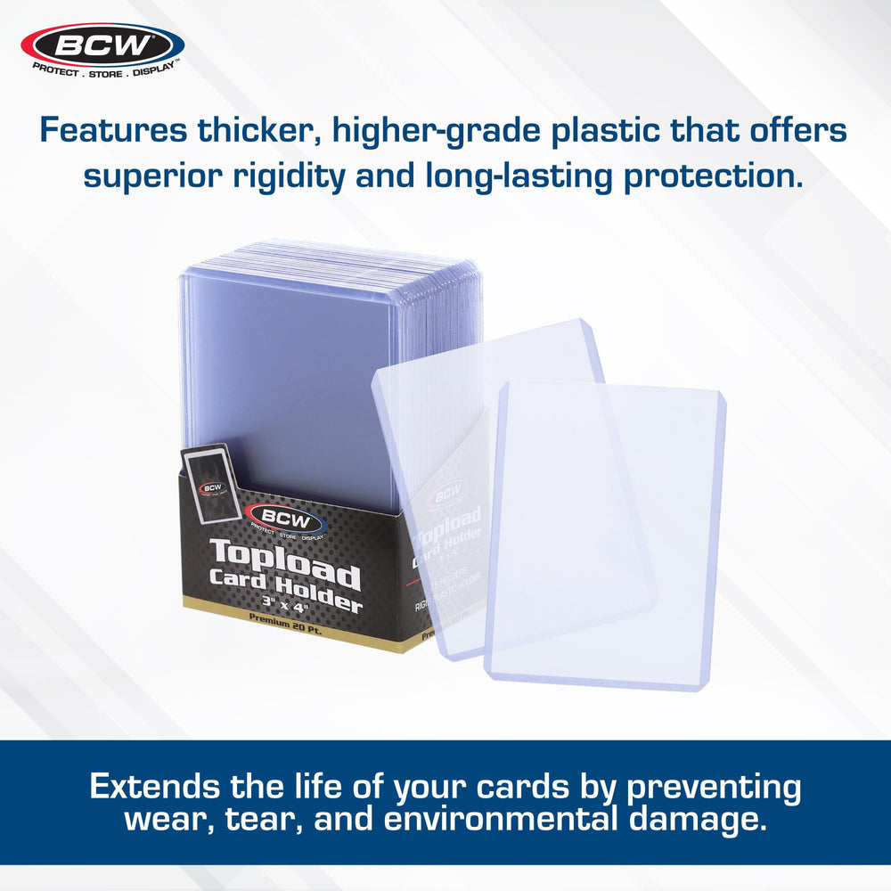 BCW Premium 20pt rigid PVC top-loaders provide durable, scratch-resistant card protection.