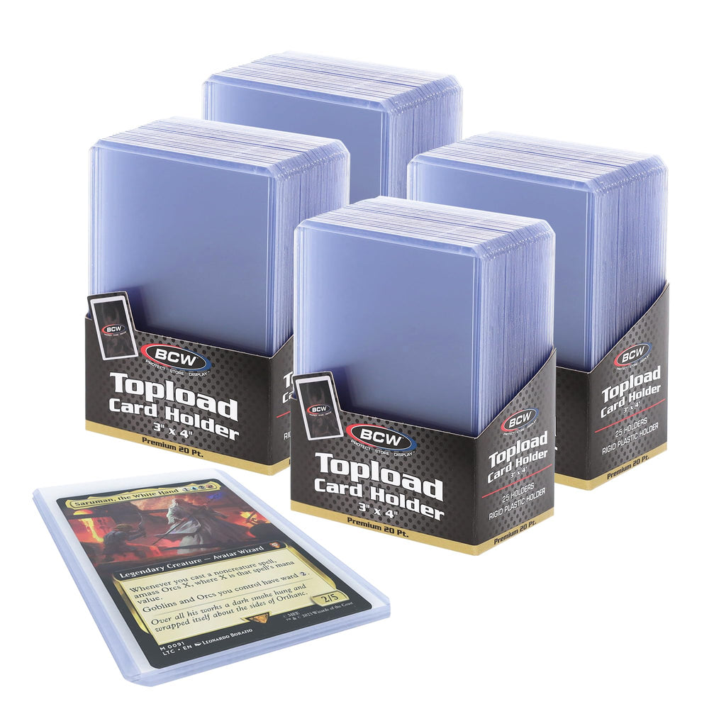 BCW Premium 3x4 top-loaders show exterior dimensions for secure trading card protection.