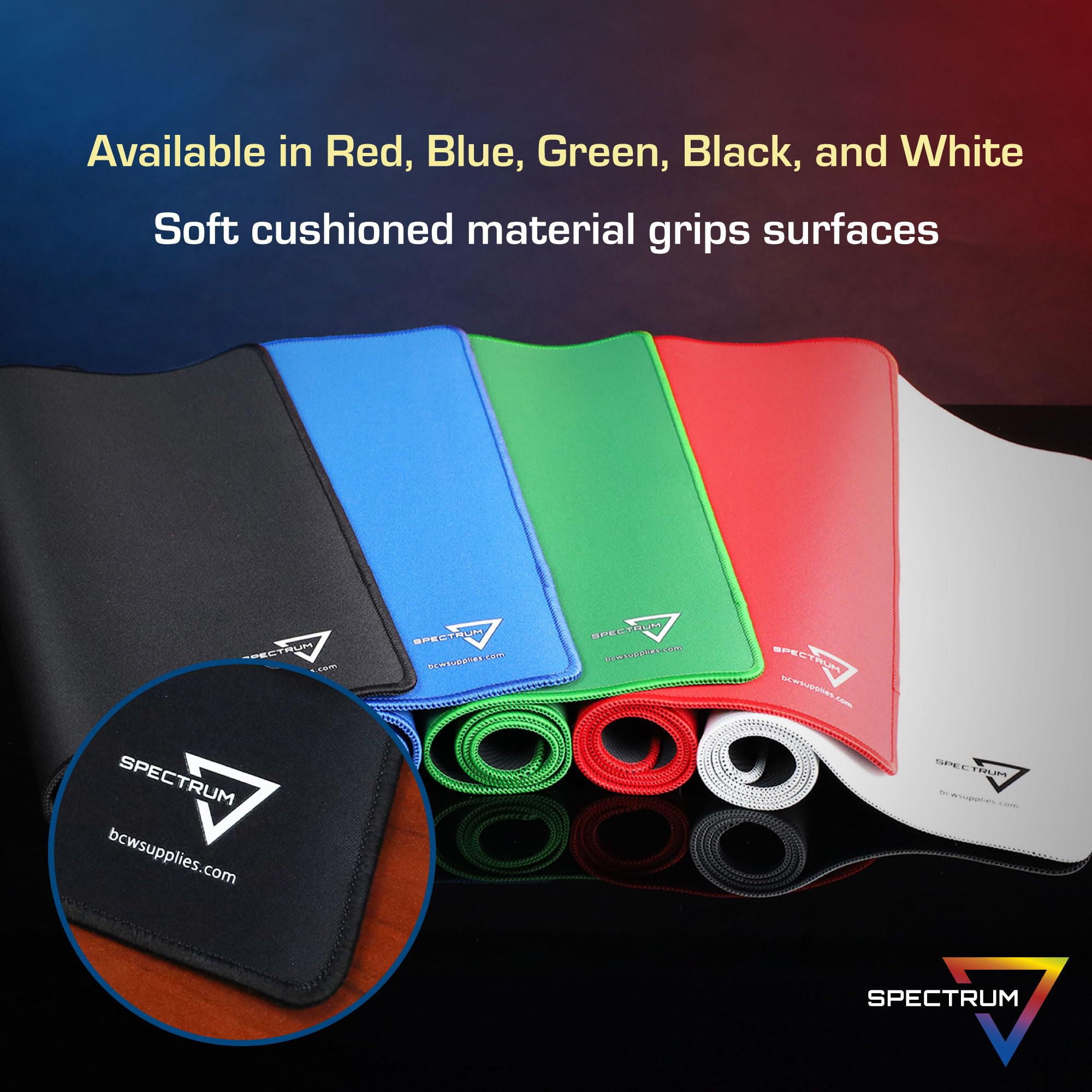 BCW Spectrum Playmat sleek black logo detail for stylish gaming setups.