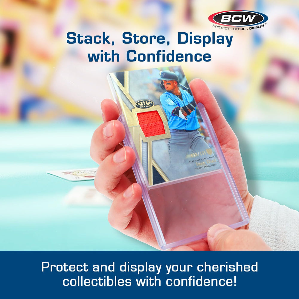 BCW topload easy-insert short-side opening protects cards.
