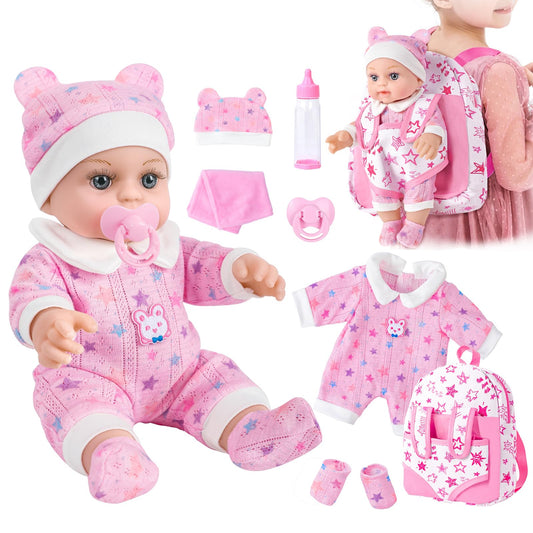 BDDOLL 12in baby doll with pink backpack for portable pretend play.