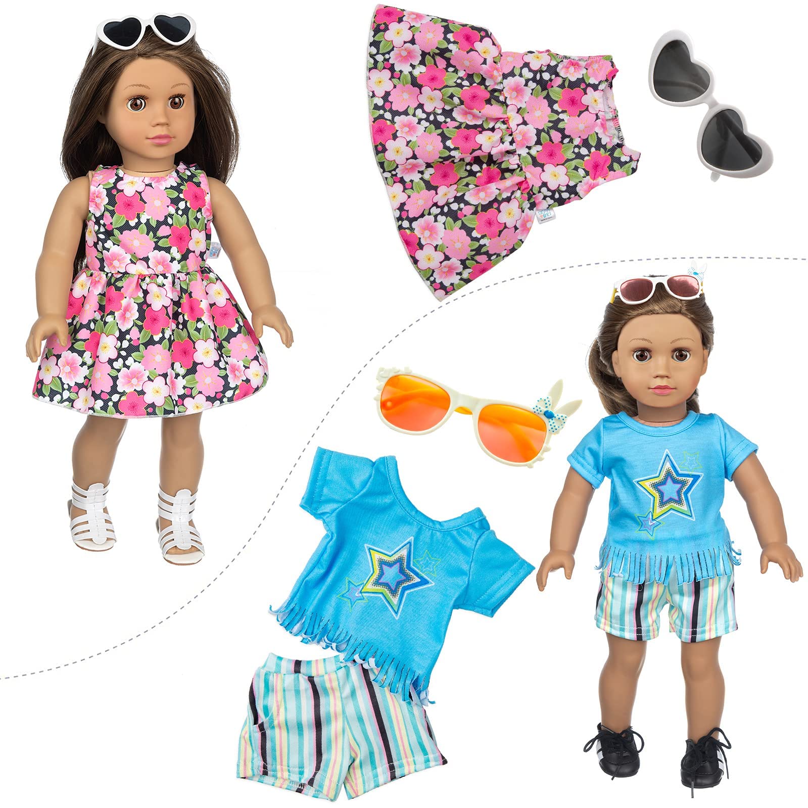Hair clips, glasses, and handbag included for complete looks