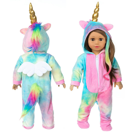 BDDOLL rainbow unicorn pajamas for 18-inch dolls, cozy dress-up outfit for imaginative play.