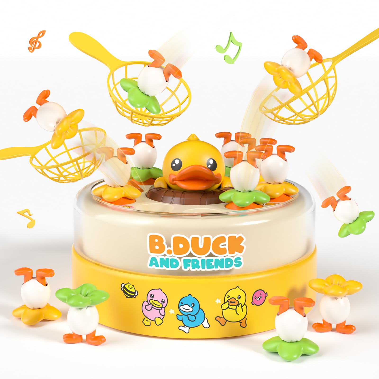 B.Duck Catch and Bounce board rotating action boosts coordination during play.