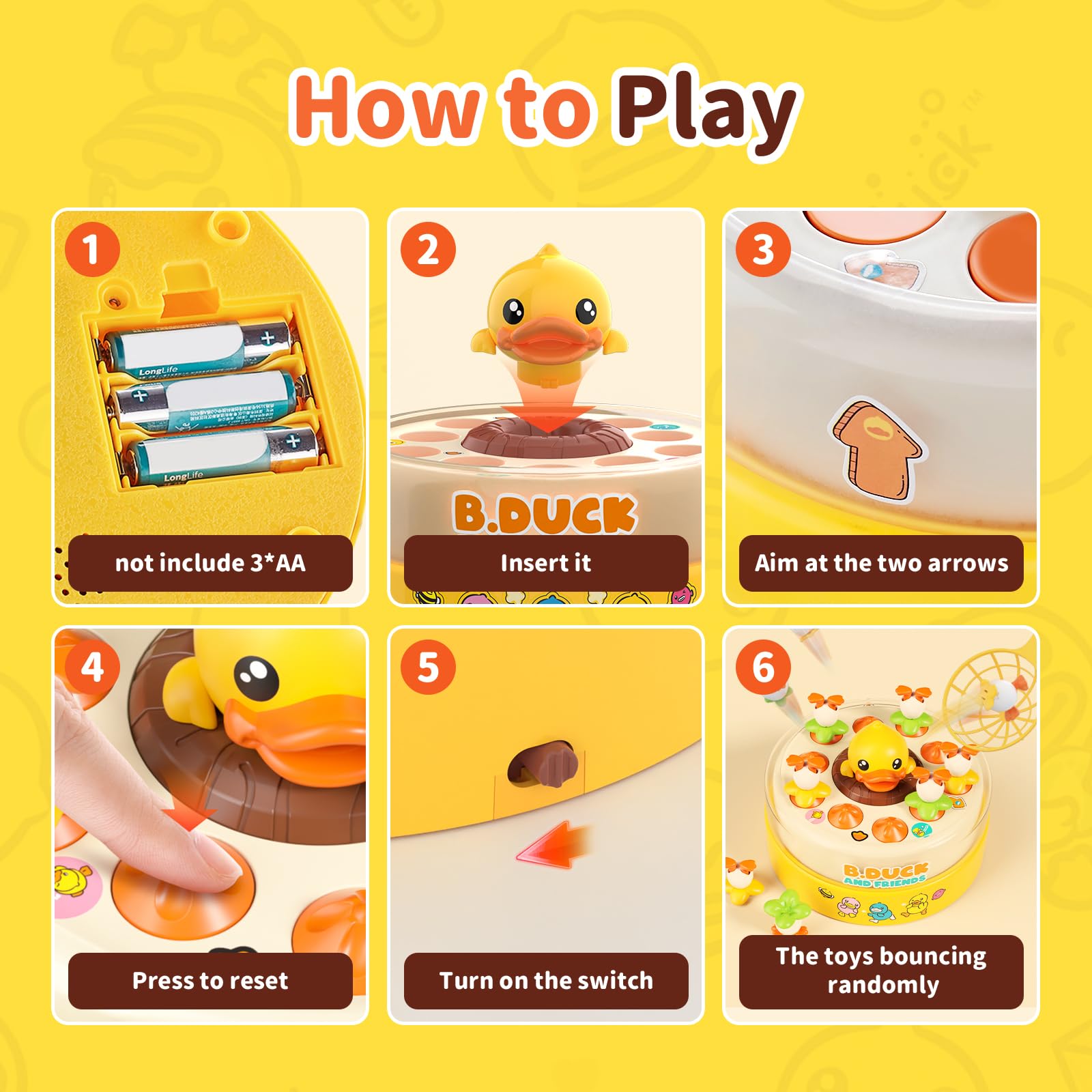 B.Duck Catch and Bounce music and spin add lively excitement.