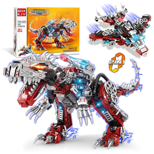 BDXEJV STEM 2-in-1 dino-mech with bright red details for imaginative building play