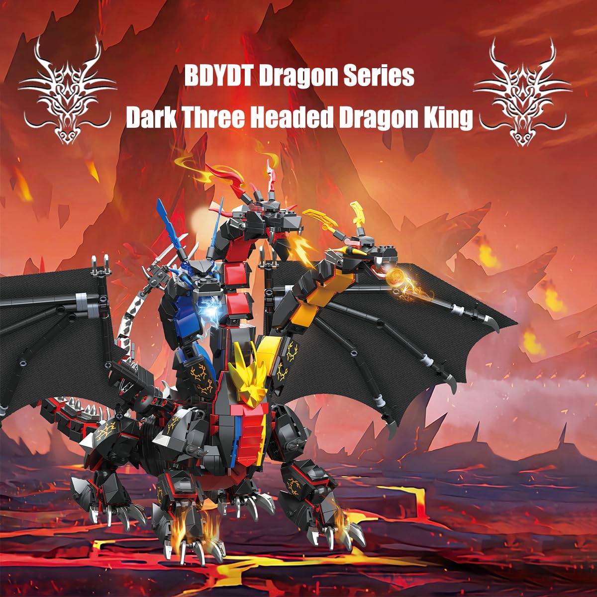BDYDT Dragon Series Dark Three Headed Dragon King wings highlight the dramatic silhouette for display.