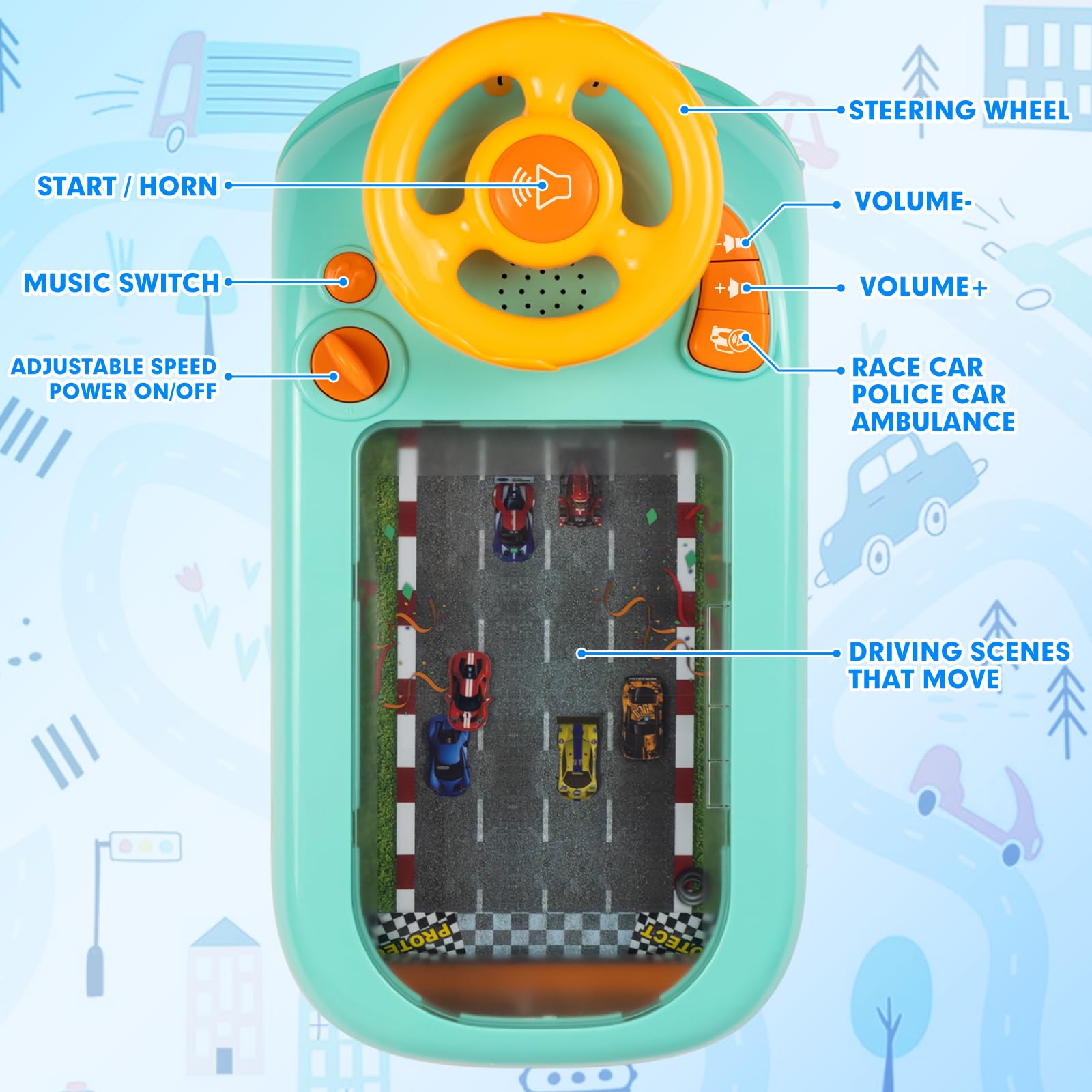 Beacron musical steering wheel toy displaying 10 music options to entertain kids