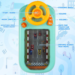 Beacron musical steering wheel toy displaying 10 music options to entertain kids