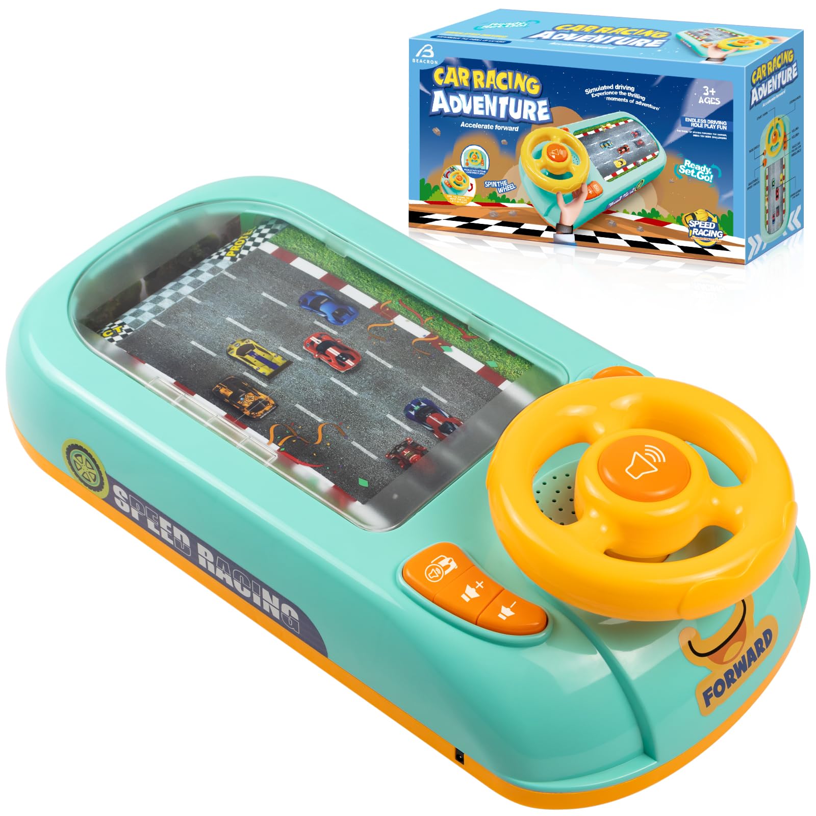 Beacron musical steering wheel toy showing left and right turn action for engaging play
