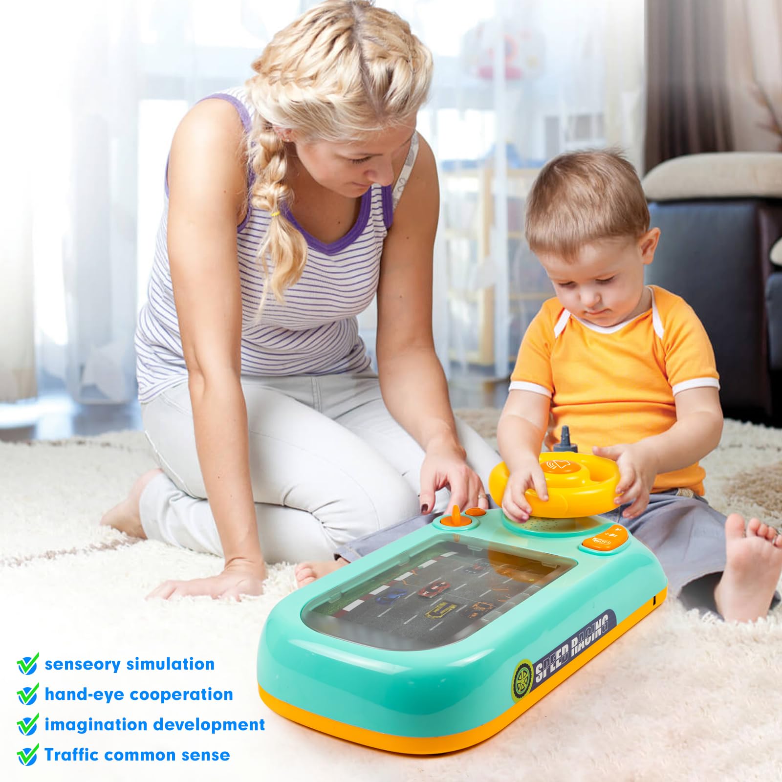 Beacron musical steering wheel toy with four suction cups for stable placement