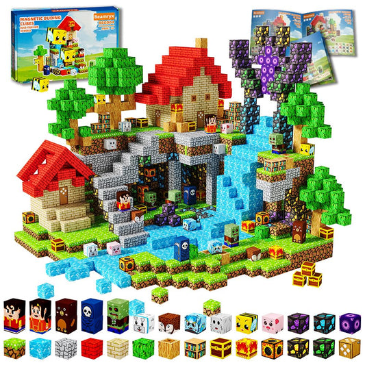 Beamryx magnetic blocks forest scene with houses for imaginative play and hand-eye coordination.