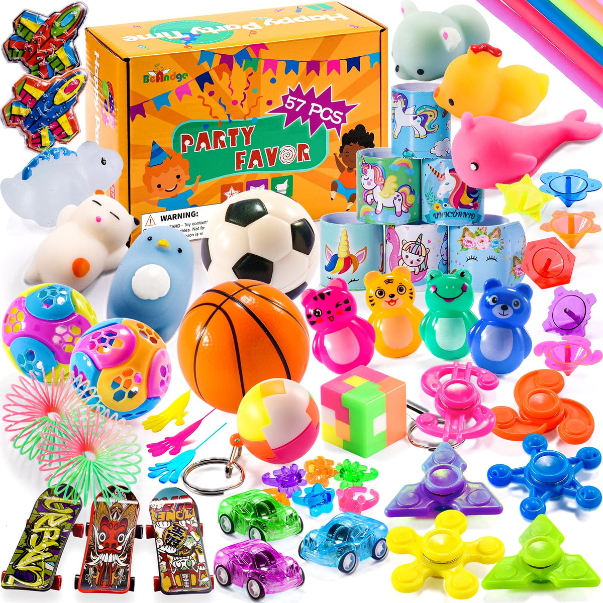 BeAndge 57pcs toy bundle showing a colorful party prize display for gift bags and prizes.