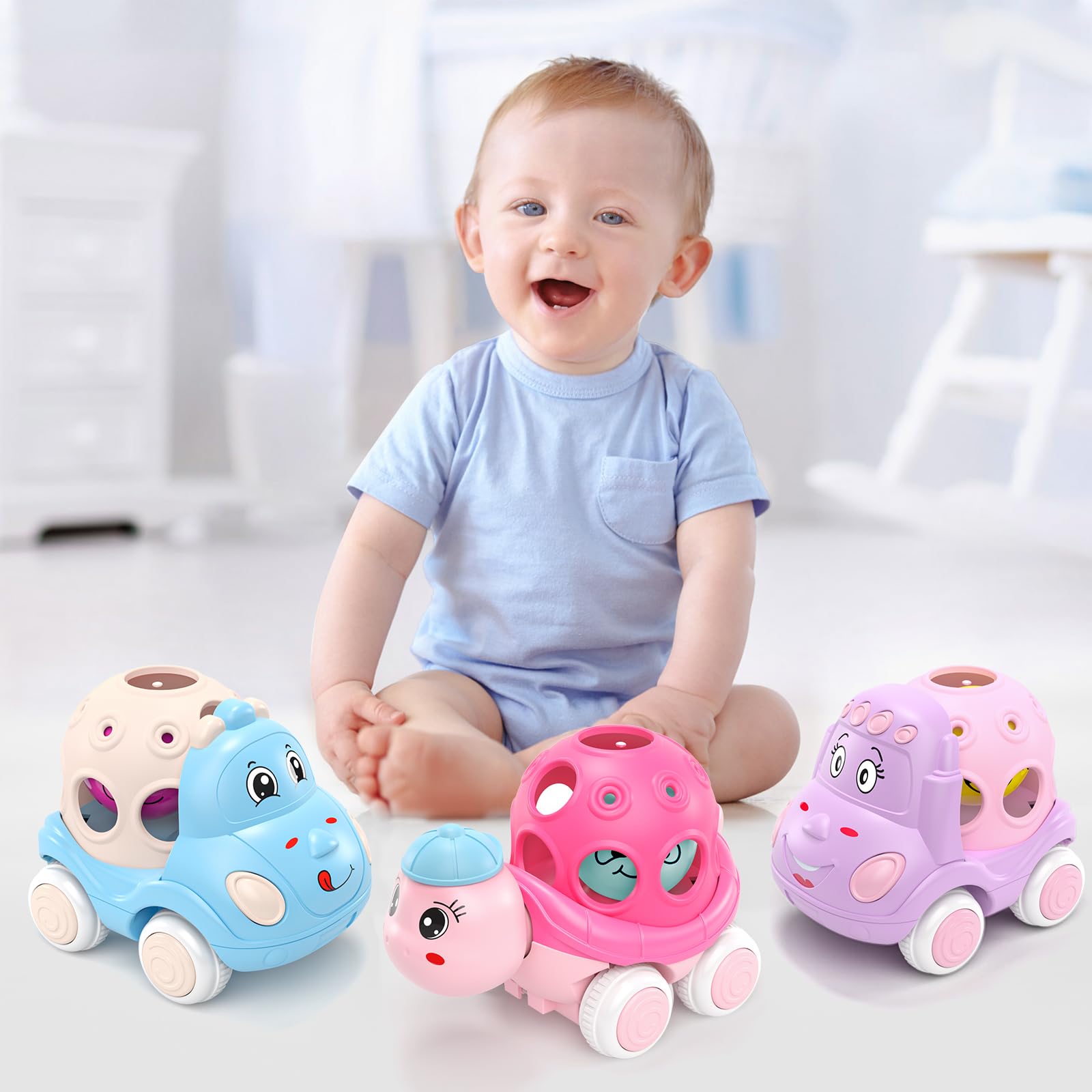 BeAndge pink crane car offers colorful visuals and engaging developmental play.