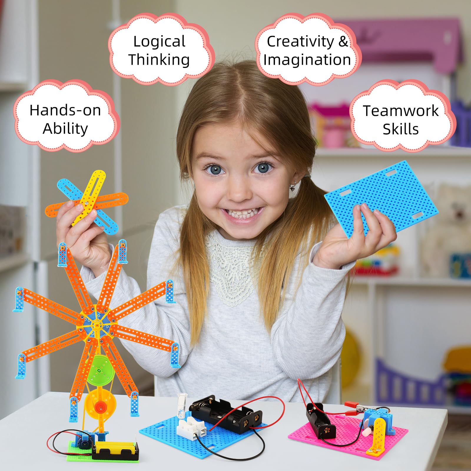 BeAndge STEM kit amusement park pulley-transfer model shows gears in action for problem solving.