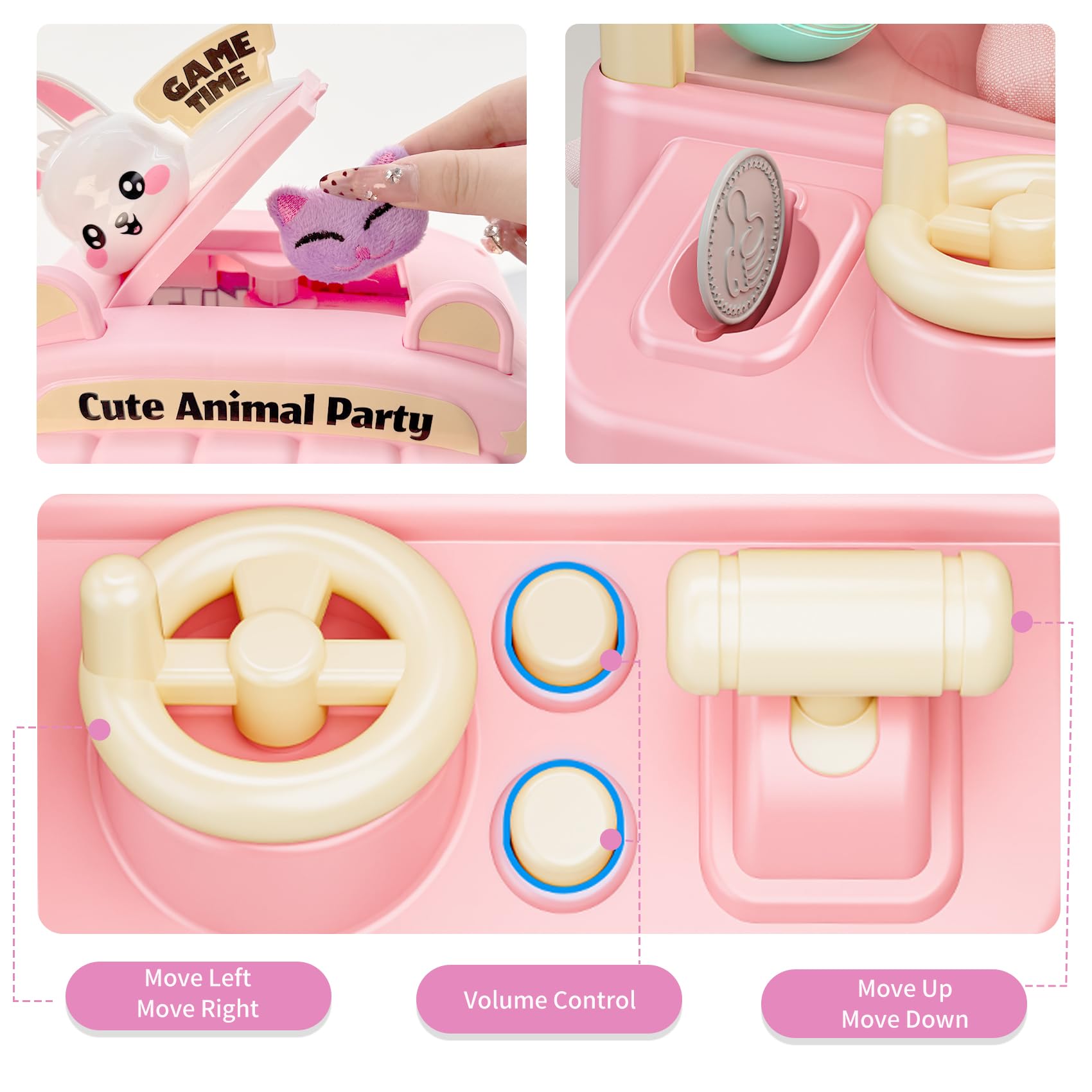 Bearbao Claw Machine highlights a 360-degree claw for easy prize grabs.