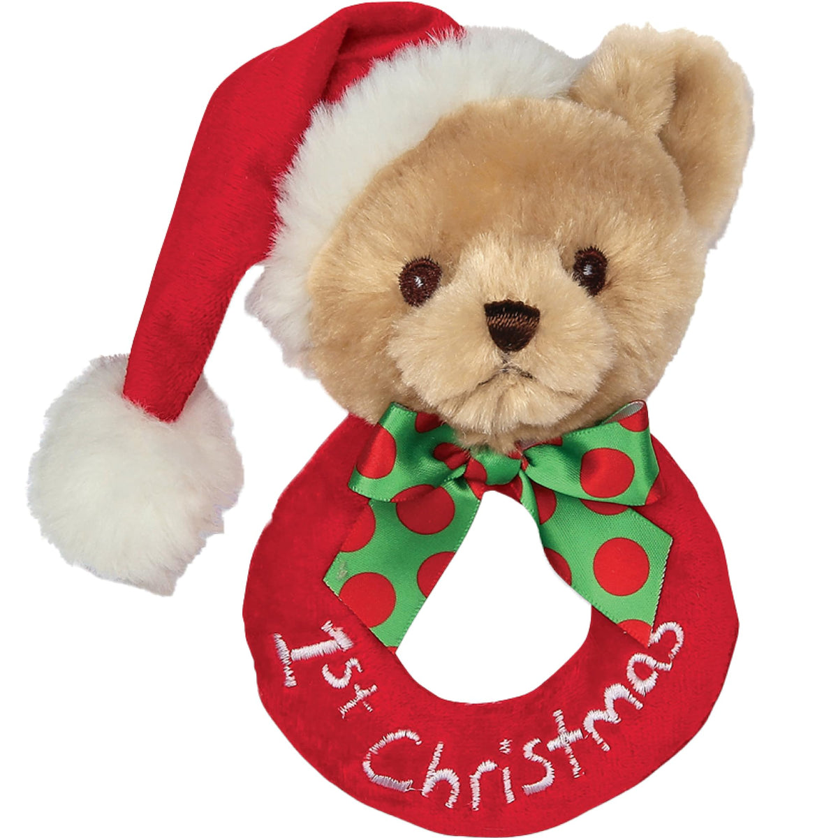 Bearington Baby 1st Christmas teddy bear with rattle for newborn play and comforting sounds.