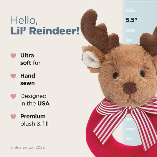 Bearington Baby Lil’ Reindeer rattle demonstrates the gentle sound for babies.
