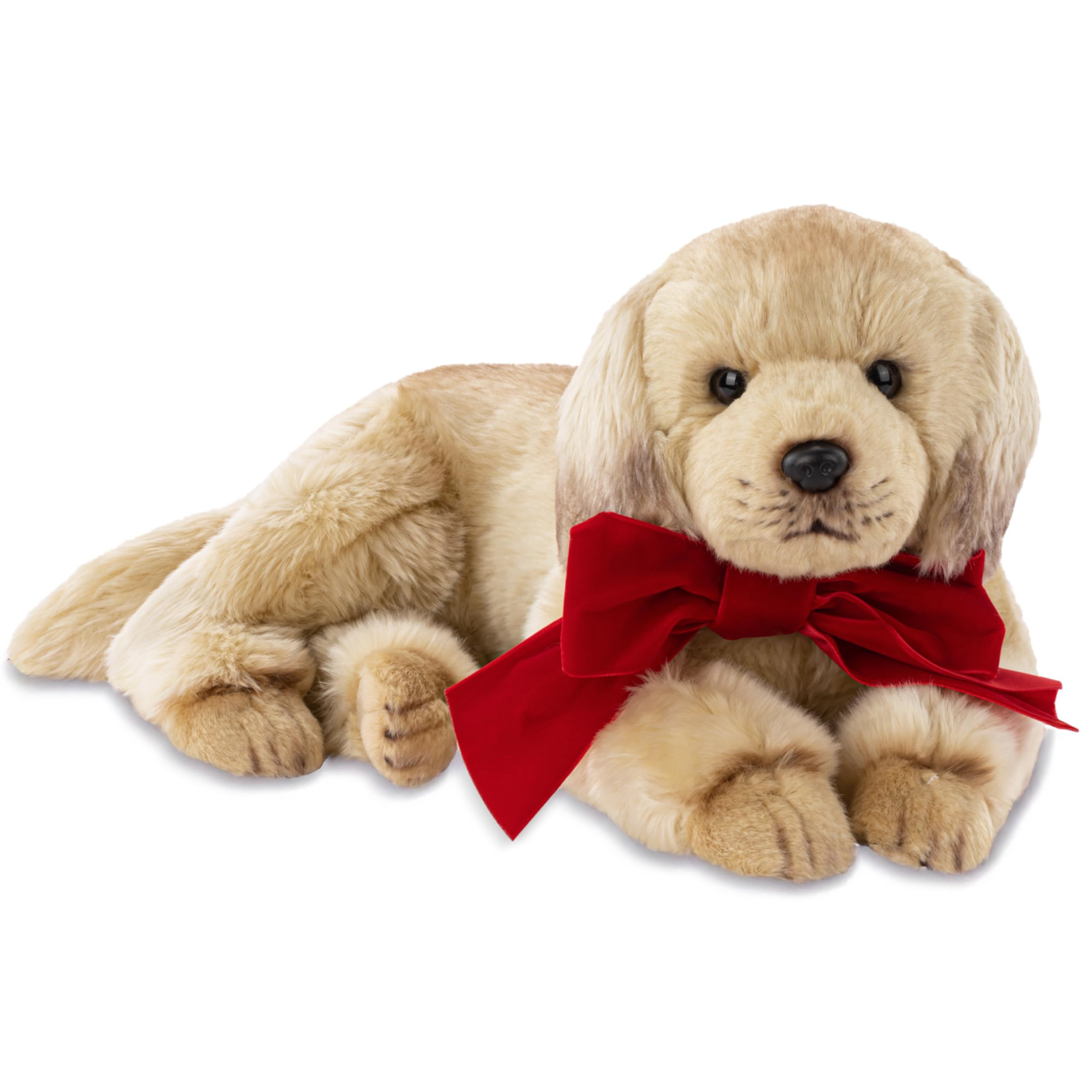 Bearington Baxter 13-inch golden retriever plush with red bow for cuddling and comfort.