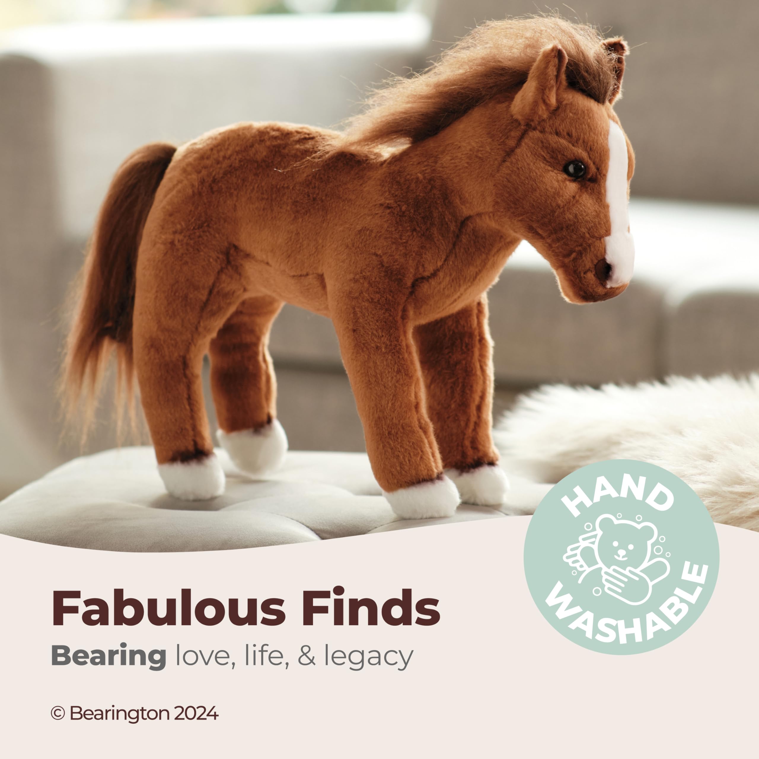 Four white hooves and hand-sewn details boost lifelike charm.